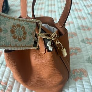 Chic Brown Leather Shoulder Bag with Gold Accents with Guitar strap crossbody